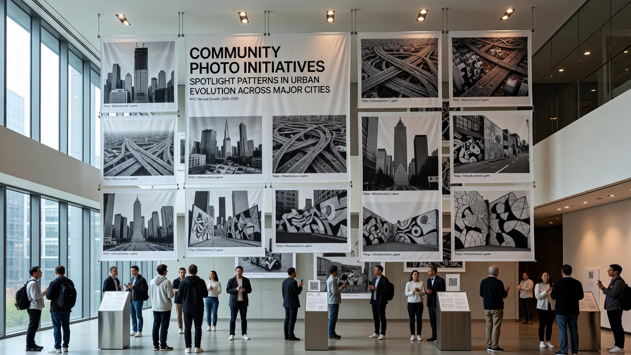Residents reviewing printed photographs from a neighborhood documentation drive that tracks changes in local architecture and public spaces