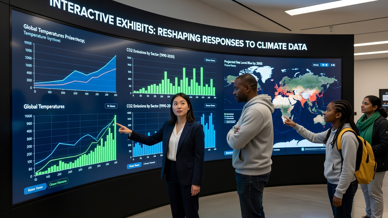 Close-up of a multi-user interactive table displaying regional climate impact maps with color-coded data overlays