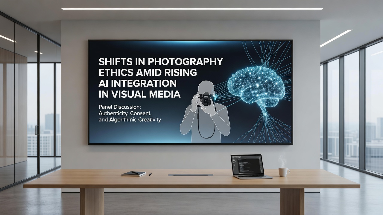 Journalists reviewing AI-generated image metadata on computer screens in a newsroom